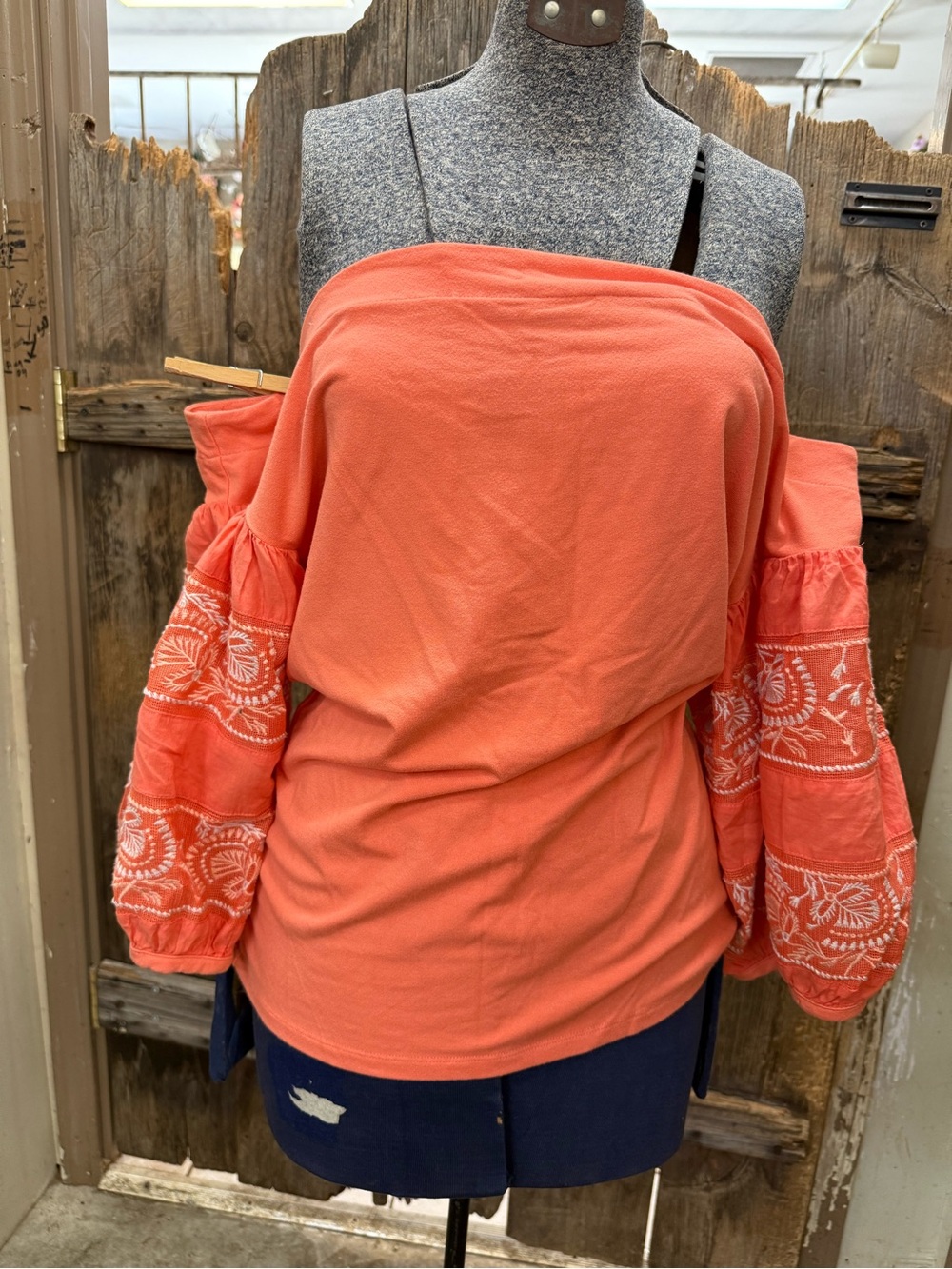 Free People Coral Off-Shoulder Embroidered Sleeve Top